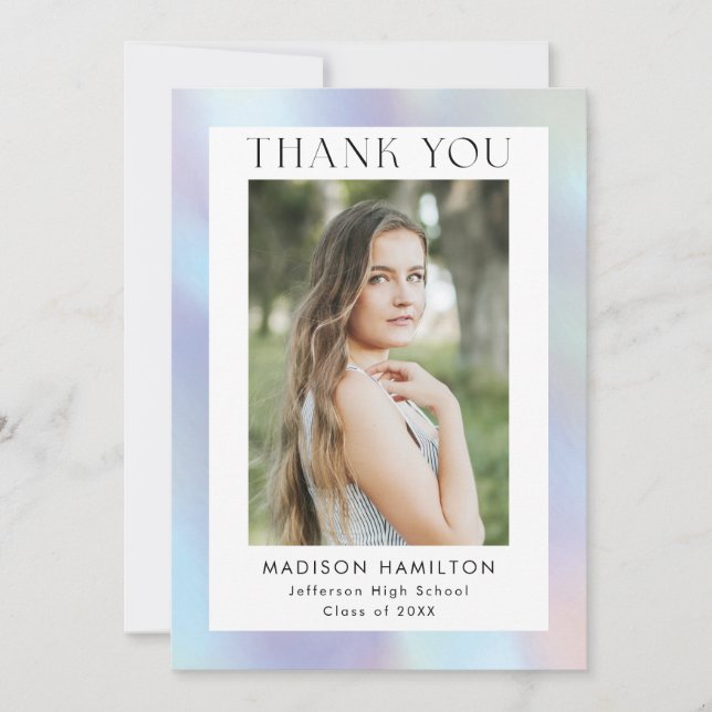 Purple and Blue Holographic Photo Graduation Thank You Card (Front)