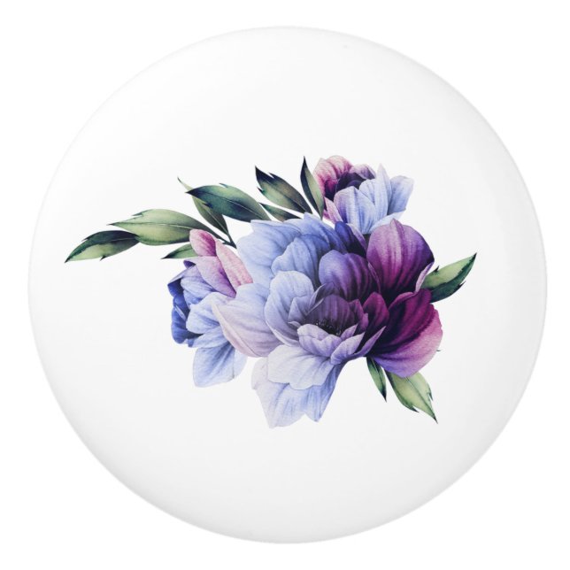 Purple and Blue Lush Peony Clear Image Ceramic Knob (Front)