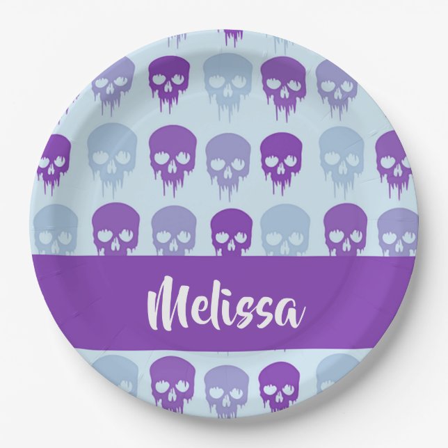 Purple and blue melting skulls pattern paper plate (Front)