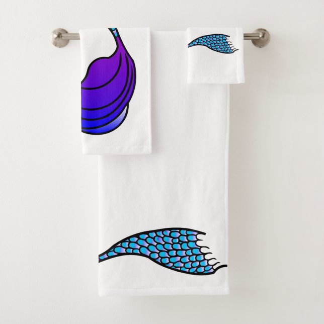 Purple and blue mermaid tail on bath towel set (Insitu)