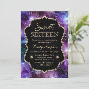 Purple and Blue Midnight Crystal Galaxy Sweet 16 Invitation