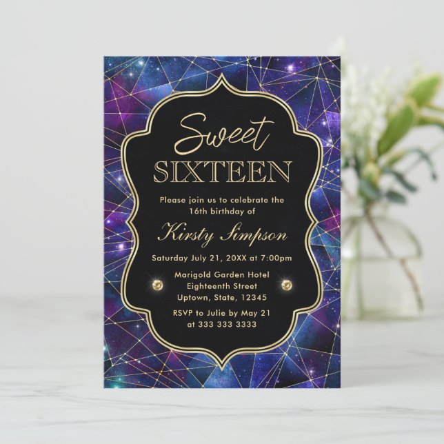 Purple and Blue Midnight Crystal Galaxy Sweet 16 Invitation (Standing Front)