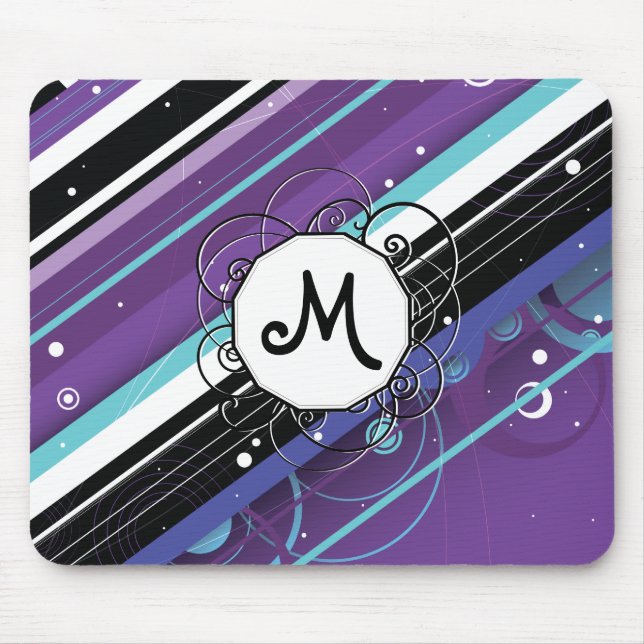 Purple and Blue Modern-Retro Stripes with Monogram Mouse Mat (Front)
