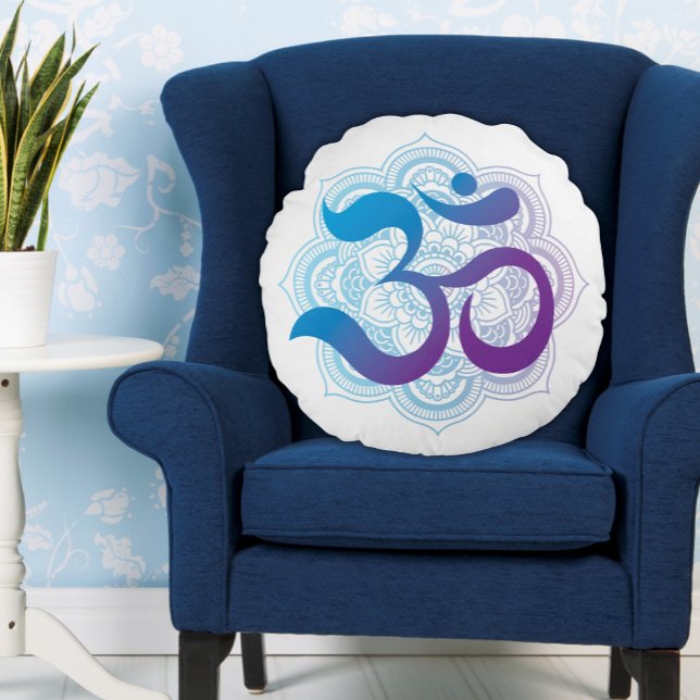 Purple and Blue Om Symbol Mandala Flower White Round Cushion (White Round Pillow with Blue and Purple Om Symbol and an Indian Lotus Flower Icon on a Blue Chair)