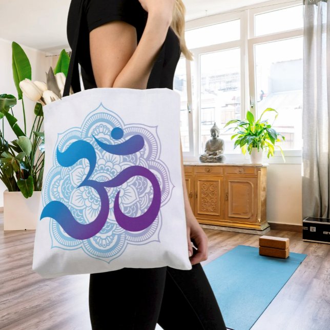 Purple and Blue Om Symbol Mandala Flower White Tote Bag (Purple and Blue Om Mandala design on white tote bag. Great for carrying your yoga gear!)