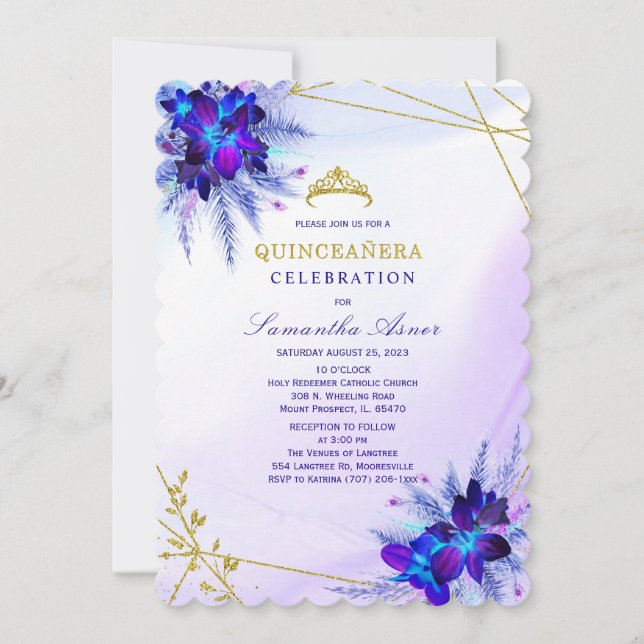 Purple and Blue Orchid Quinceañera Invitation (Front)