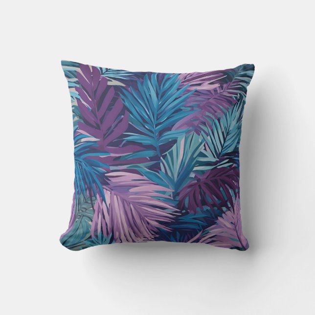 Purple And Blue Palm Leaf Tropical Print Cushion (Front)