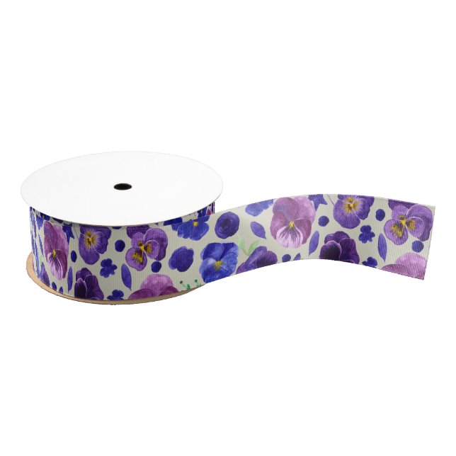 Purple and Blue Pansy Print Ribbon Grosgrain Ribbon (Spool)