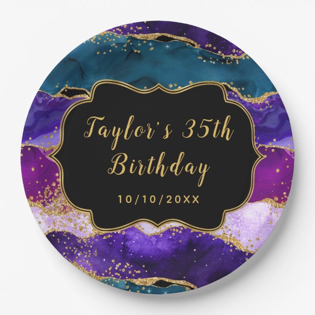 Purple and Blue Peacock Agate Birthday Paper Plate (Front)