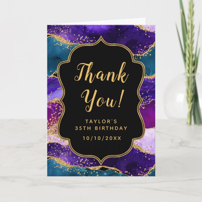 Purple and Blue Peacock Agate Birthday Thank You Card (Front)