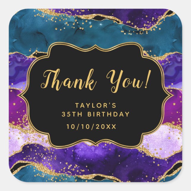 Purple and Blue Peacock Agate Birthday Thank You Square Sticker (Front)