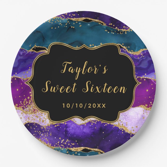 Purple and Blue Peacock Agate Sweet Sixteen Paper Plate (Front)