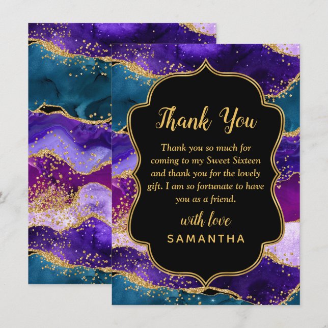 Purple and Blue Peacock Agate Sweet Sixteen Thank You Card (Front/Back)