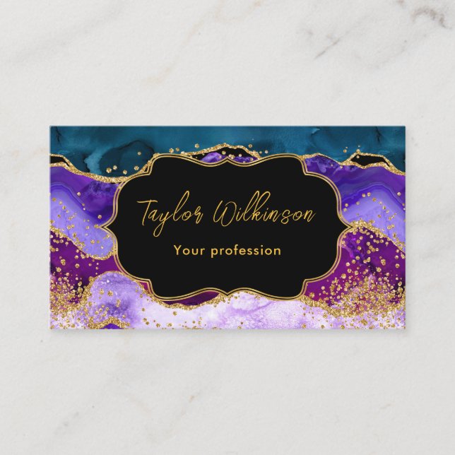 Purple and Blue Peacock Faux Glitter Agate Business Card (Front)
