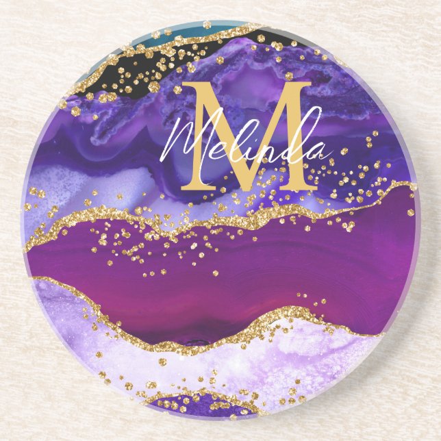 Purple and Blue Peacock Faux Glitter Agate Coaster (Front)