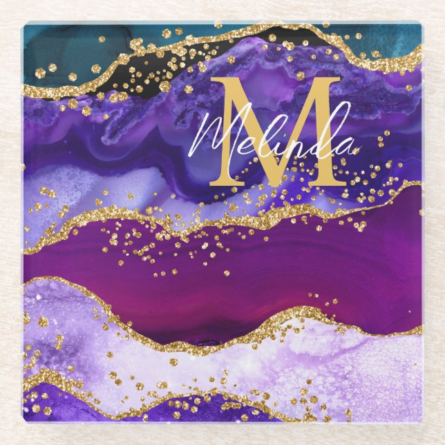 Purple and Blue Peacock Faux Glitter Agate Glass Coaster (Front)