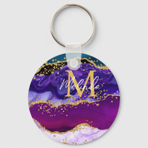 Purple and Blue Peacock Faux Glitter Agate Key Ring