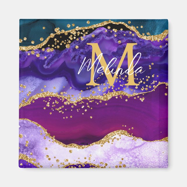 Purple and Blue Peacock Faux Glitter Agate Magnet (Front)