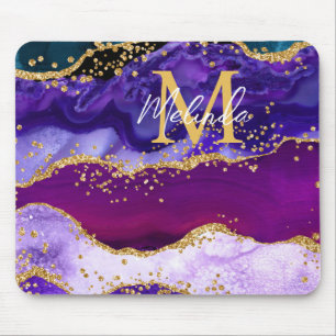 Purple and Blue Peacock Faux Glitter Agate Mouse Mat