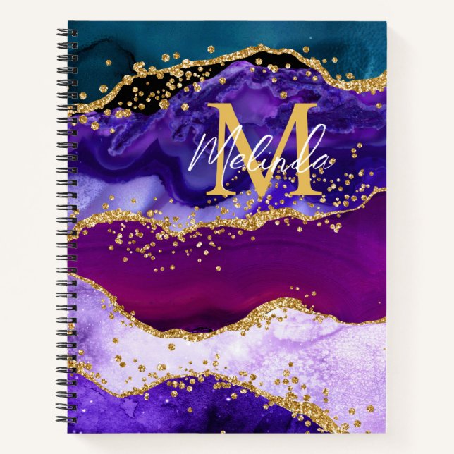 Purple and Blue Peacock Faux Glitter Agate Notebook (Front)