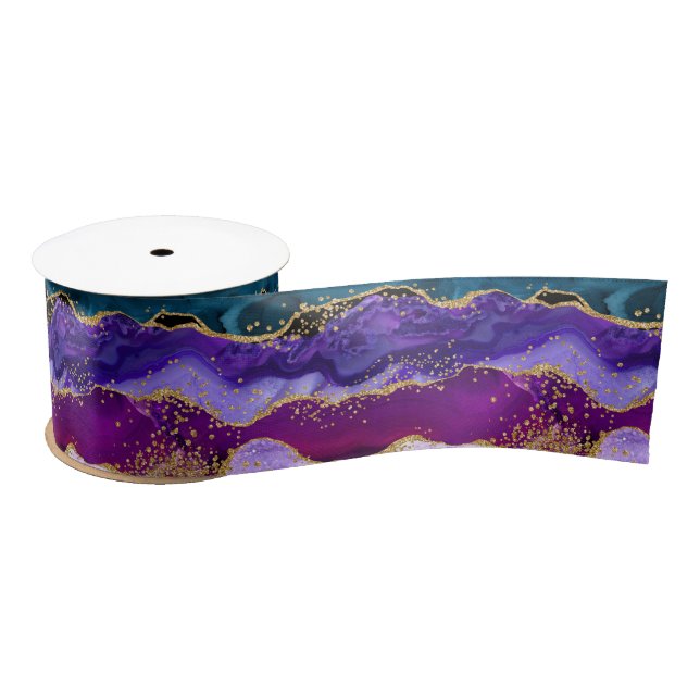 Purple and Blue Peacock Faux Glitter Agate Satin Ribbon (Spool)