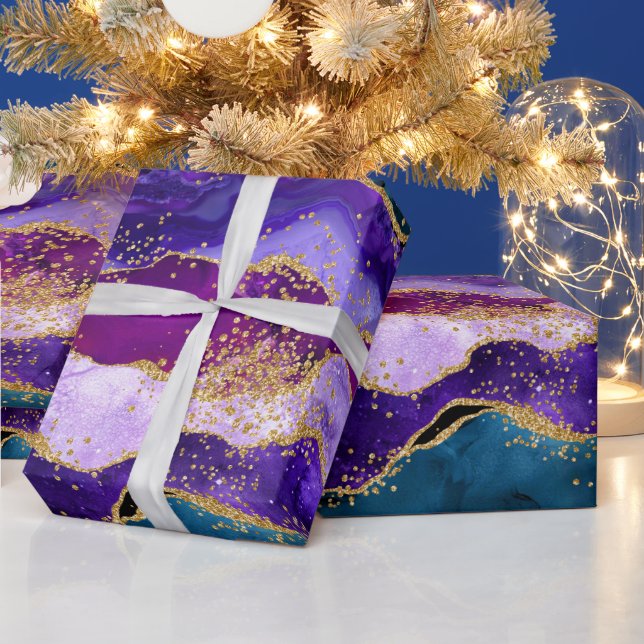 Purple and Blue Peacock Faux Glitter Agate Wrapping Paper (Holidays)