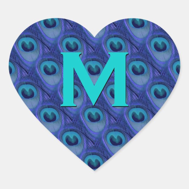 Purple and Blue Peacock Monogram Wedding Heart Sticker (Front)