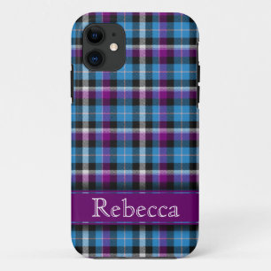 Purple and Blue Plaid with Customisable Name iPhone 11 Case