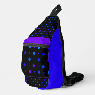 purple and blue polka dots on black sling bag
