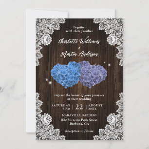 Purple and Blue Rustic Floral Lace Wood Wedding Invitation
