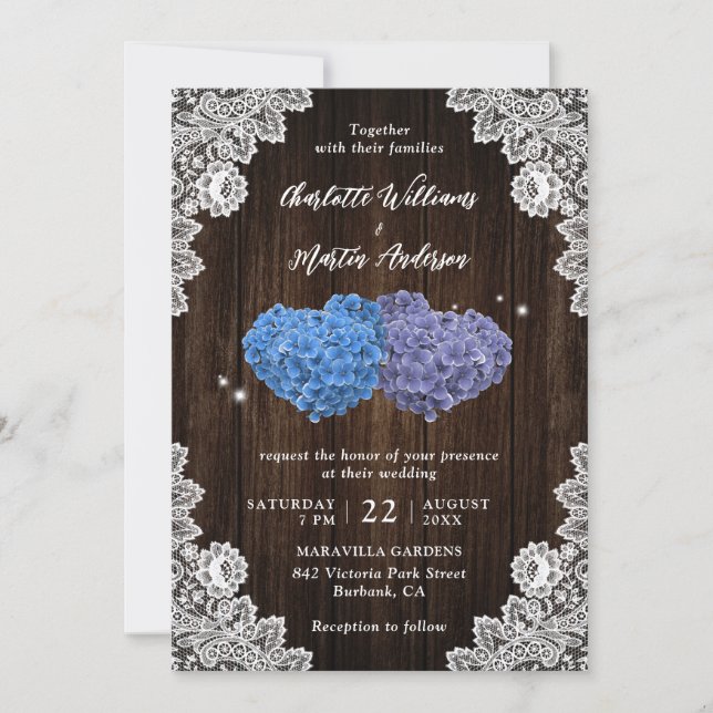 Purple and Blue Rustic Floral Lace Wood Wedding Invitation (Front)