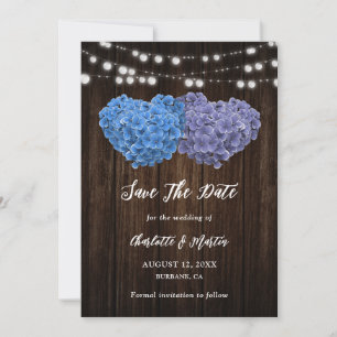 Purple and Blue Rustic Wood Floral Hearts Wedding Save The Date