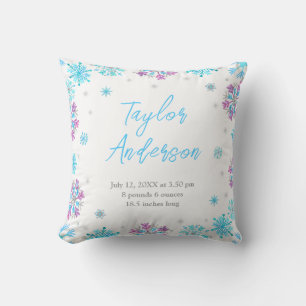 Purple and Blue Snowflakes Baby Birth Statistics Cushion