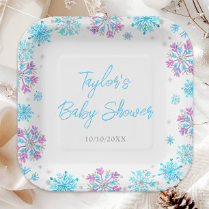 Purple and Blue Snowflakes Baby Shower Paper Plate