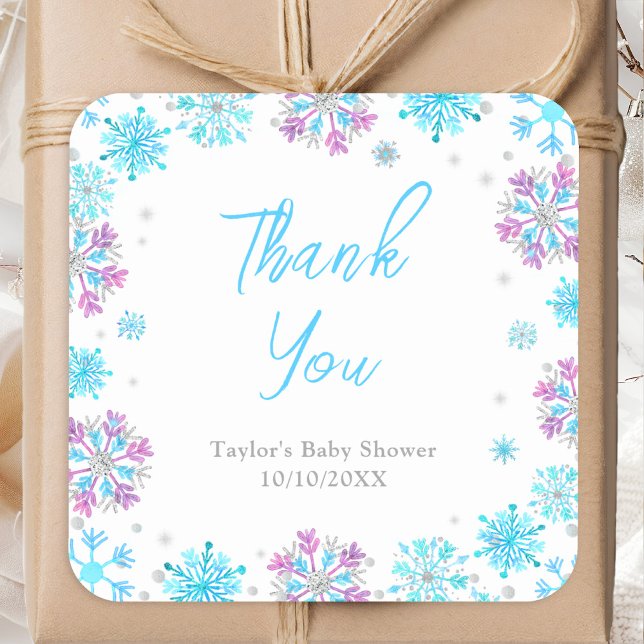 Purple and Blue Snowflakes Baby Shower Thank You Square Sticker (Creator Uploaded)