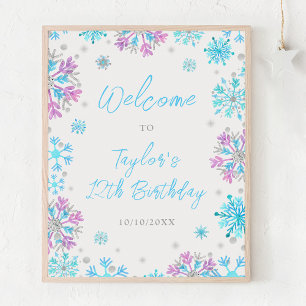 Purple and Blue Snowflakes Birthday Party Welcome Poster