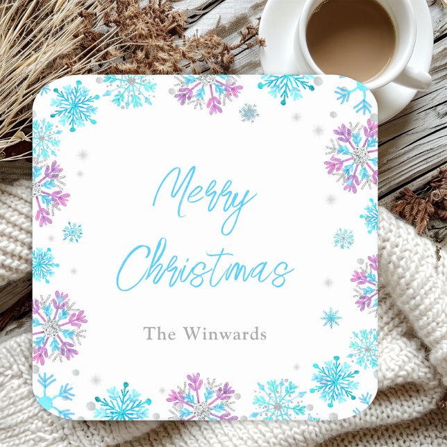 Purple and Blue Snowflakes Christmas Party Square Paper Coaster (Creator Uploaded)