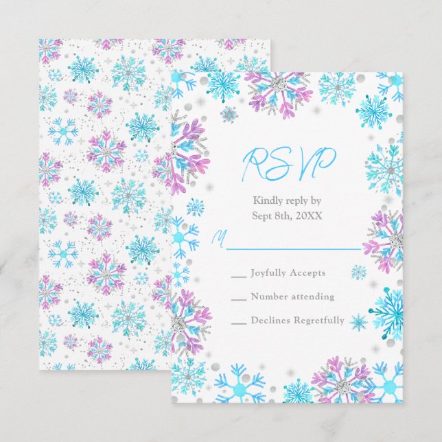 Purple and Blue Snowflakes Wedding RSVP Card (Front/Back)