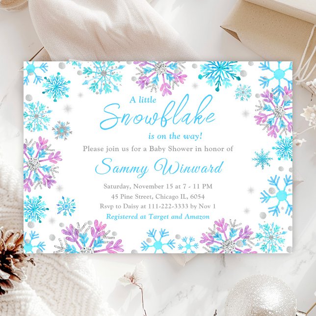 Purple and Blue Snowflakes Winter Baby Shower Invitation (Creator Uploaded)