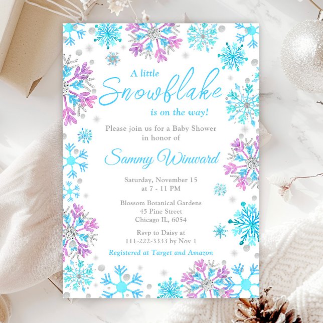 Purple and Blue Snowflakes Winter Baby Shower Invitation (Creator Uploaded)
