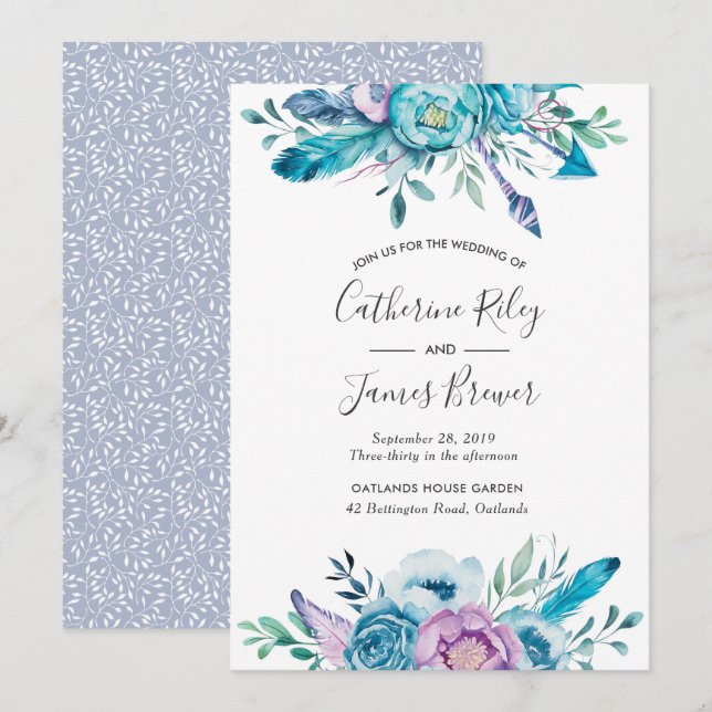 Purple and blue spring floral Wedding invitation (Front/Back)