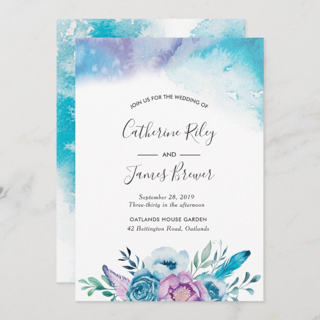 Purple and blue spring floral Wedding invitation (Front/Back)