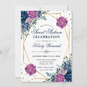 Purple and Blue Summer Flowers Frame Sweet 16 Invitation