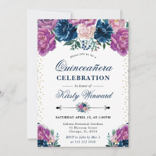 Purple and Blue Summer Flowers Quinceanera Invitation