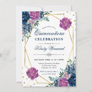 Purple and Blue Summer Flowers Quinceanera Invitation