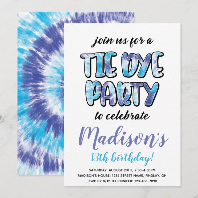 Purple and Blue Tie Dye Birthday Party, Any Age Invitation (Front/Back)