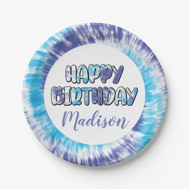 Purple and Blue Tie Dye Happy Birthday, Any Age Paper Plate (Front)