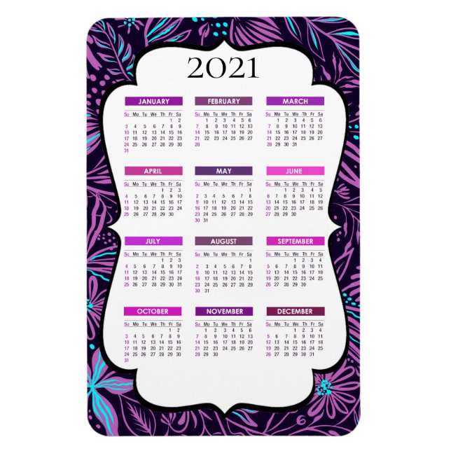 Purple and Blue Tropical Leaves | 2021 Calendar Magnet (Vertical)