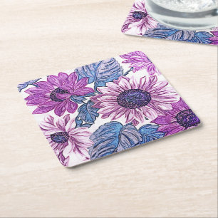 Purple and Blue Vintage Flower Art Square Paper Coaster