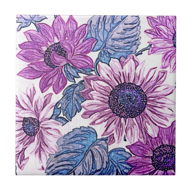 Purple and Blue Vintage Flower Art Tile (Front)